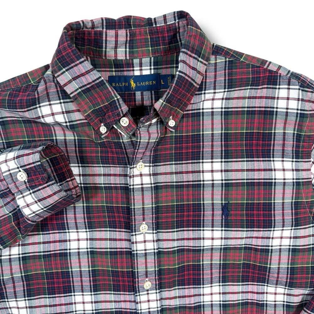 Polo Ralph Lauren Button Down Men's Large‎ Red White Plaid Navy Pony Preppy